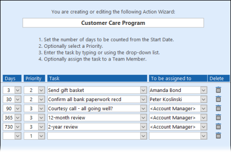 Action List setup screen