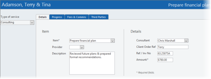 Services record for financial planning